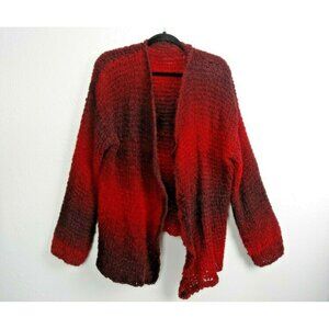 Womens Sweater XL Red Burgundy Chunky Knit Open Front Handmade Cardigan Wrap